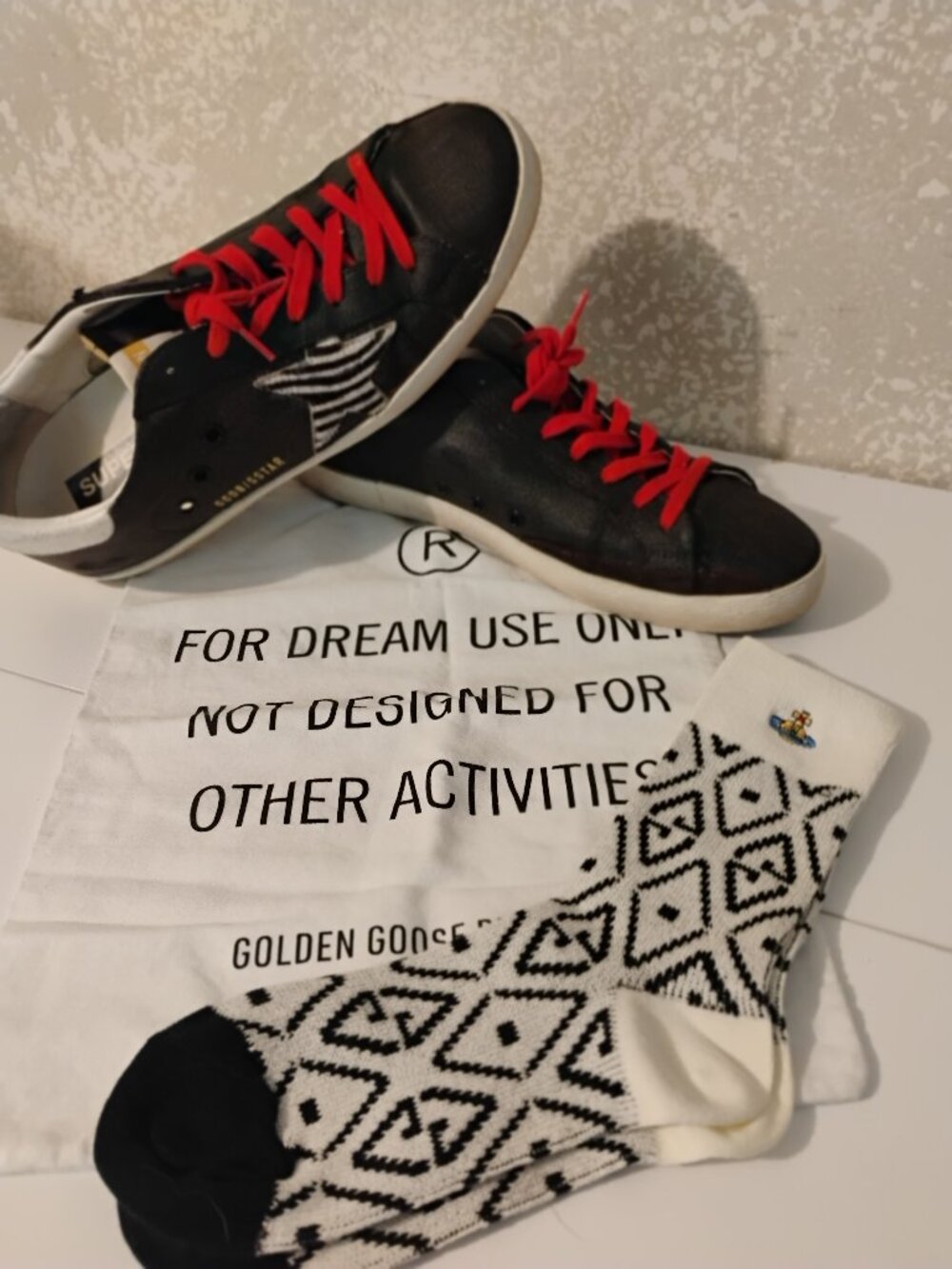 Golden Goose Super Star Sneakers barely used, Vivienne West socks, GG shoe bag.